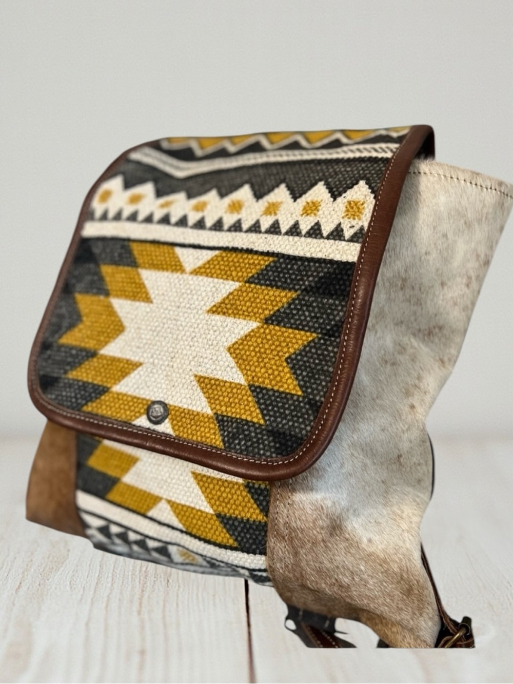 Myra Cowhide Leather Backpack Western Canvas Rug Boho Tribal School Travel Bag - Picture 6 of 12
